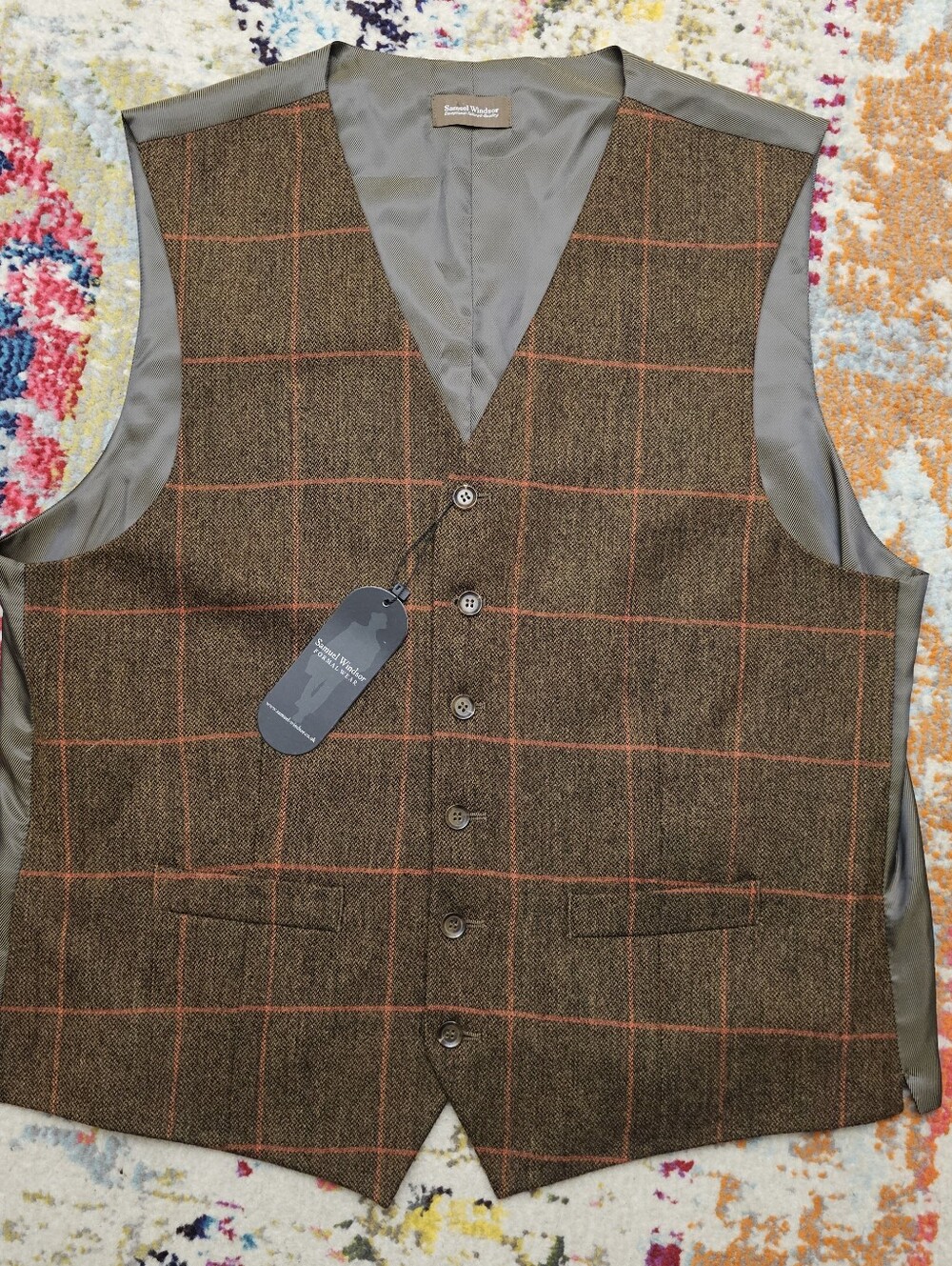 Samuel Windsor Button Up Suit Vest Mens Size 44 Brown Orange Windowpane